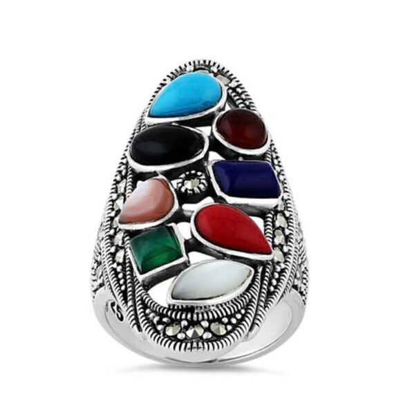 Rainbow Genuine Stone Oval Ring Womens Causal Sterling Silver Statement Jewelry - Picture 2 of 5